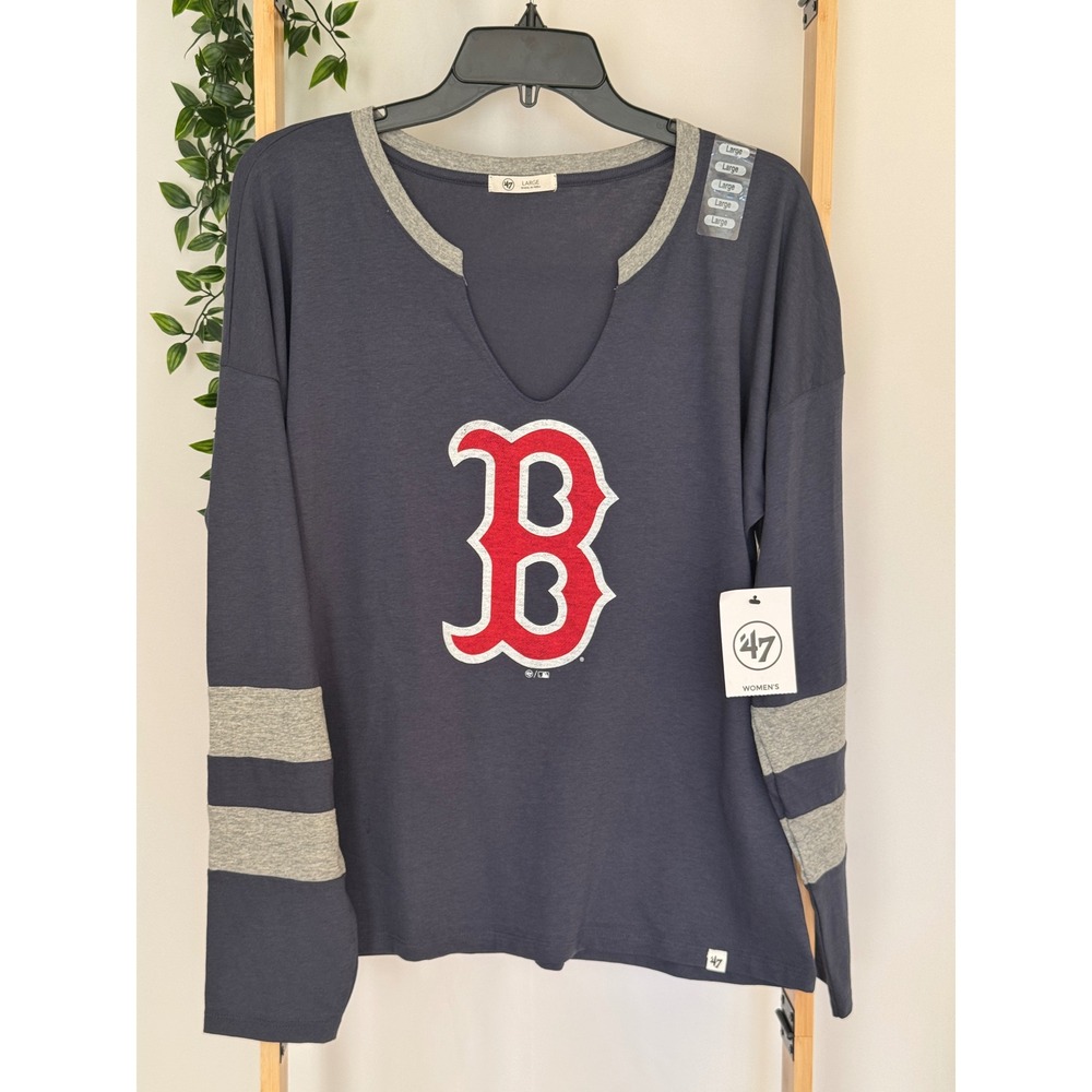 47 Brand Boston Red Sox Womens Large Navy Blue Long Sleeve V-Neck T-Shirt NWT